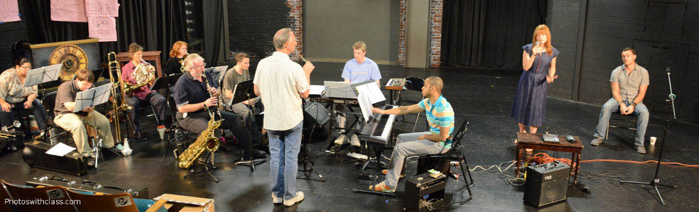 Greg Haake rehearsing with Alicia Witt, Owain Yeoman, and the "Cats for Cats" orchestra